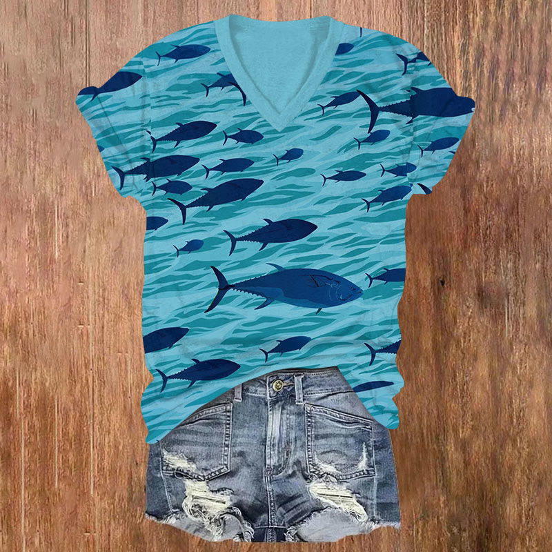 School Of Fish Art Print V-neck T-shirt - Blue - US32-34(5XL) - image 1