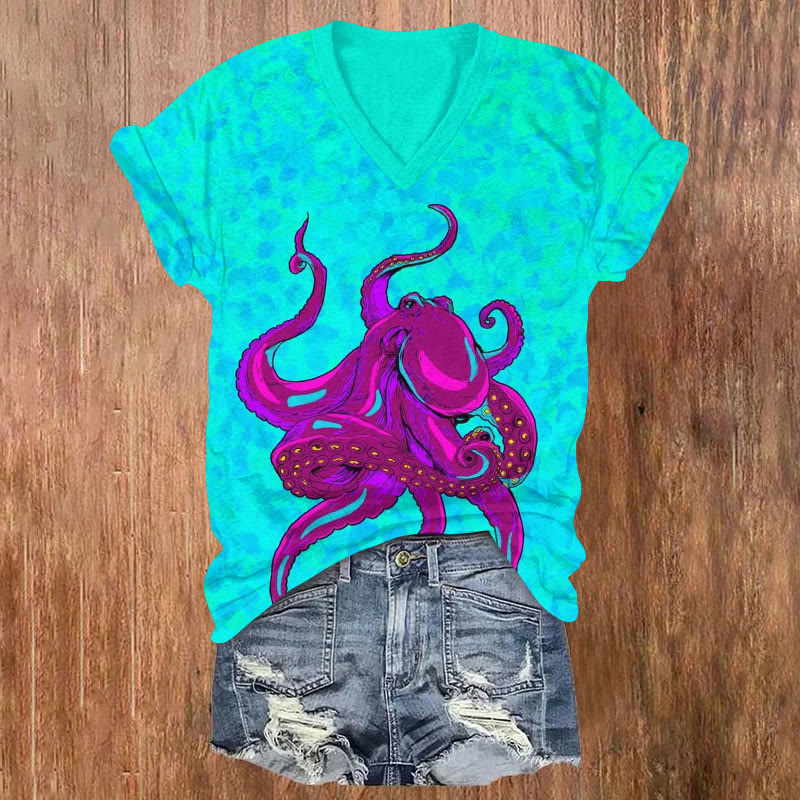 Purple Octopus Art Print V-neck T-shirt - Blue - US32-34(5XL) - image 1