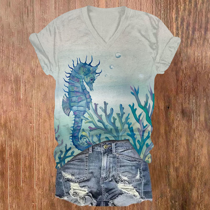 Coral And Seahorse Art Print V-neck T-shirt - Grey - US32-34(5XL) - image 1