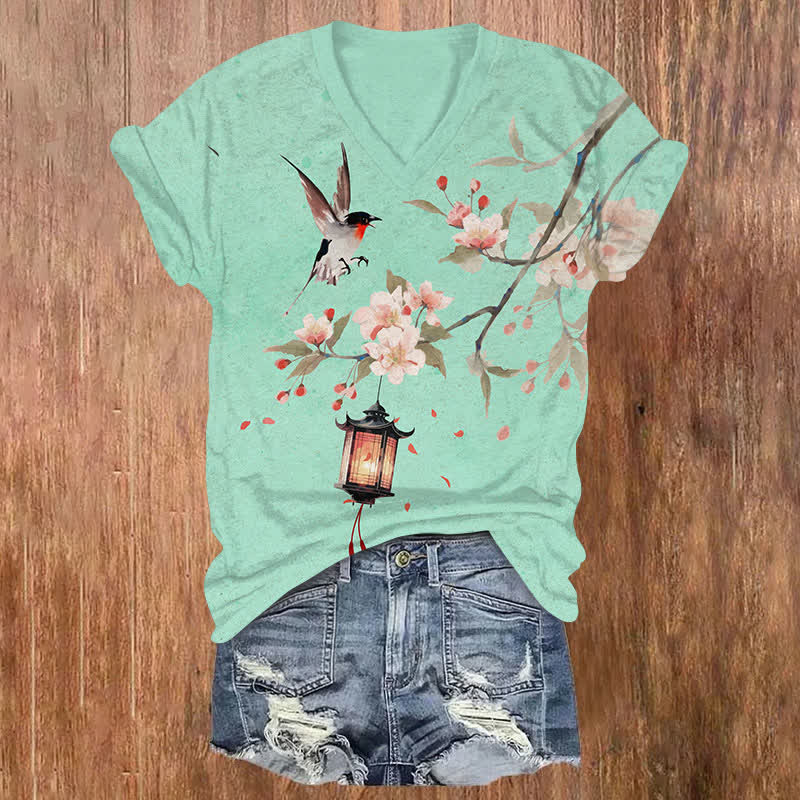 Japanese Watercolor Sakura Lantern & Flying Bird Print V-neck T-shirt - Green - US32-34(5XL) - image 1