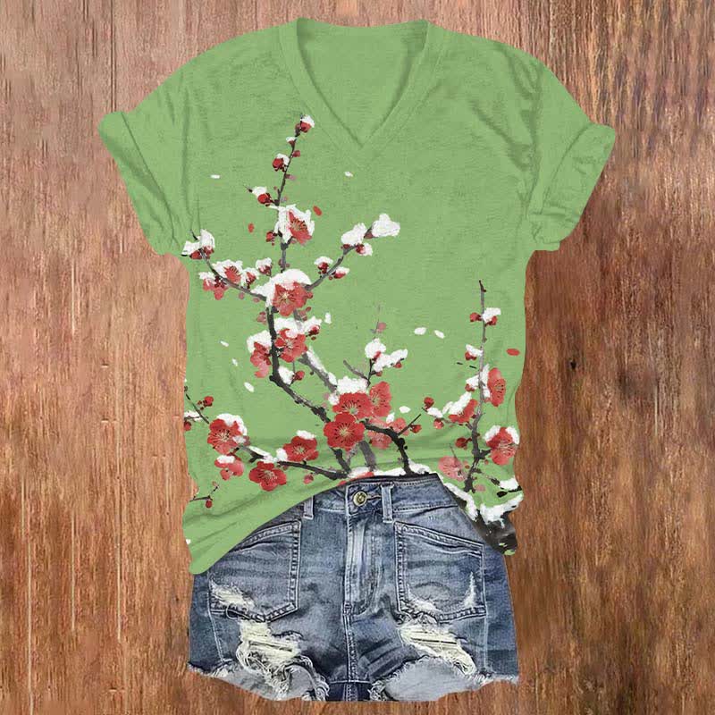 Japanese Vintage Plum Blossom Art Print V-neck T-shirt - Green - US32-34(5XL) - image 4