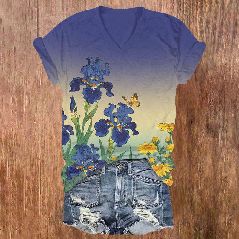Japanese Watercolor Sunflower Art  Print V-neck T-shirt - Blue - US32-34(5XL) - image 1