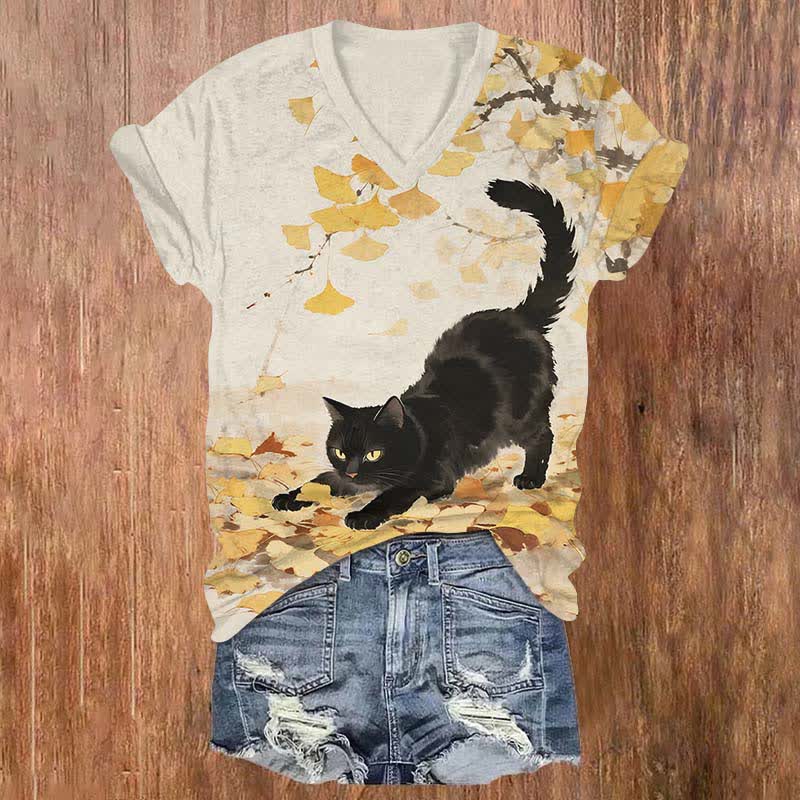 Japanese Oil Painting Black Cat Playing Ginkgo Leaves Art Print V-neck T-shirt - Apricot - US32-34(5XL) - image 1