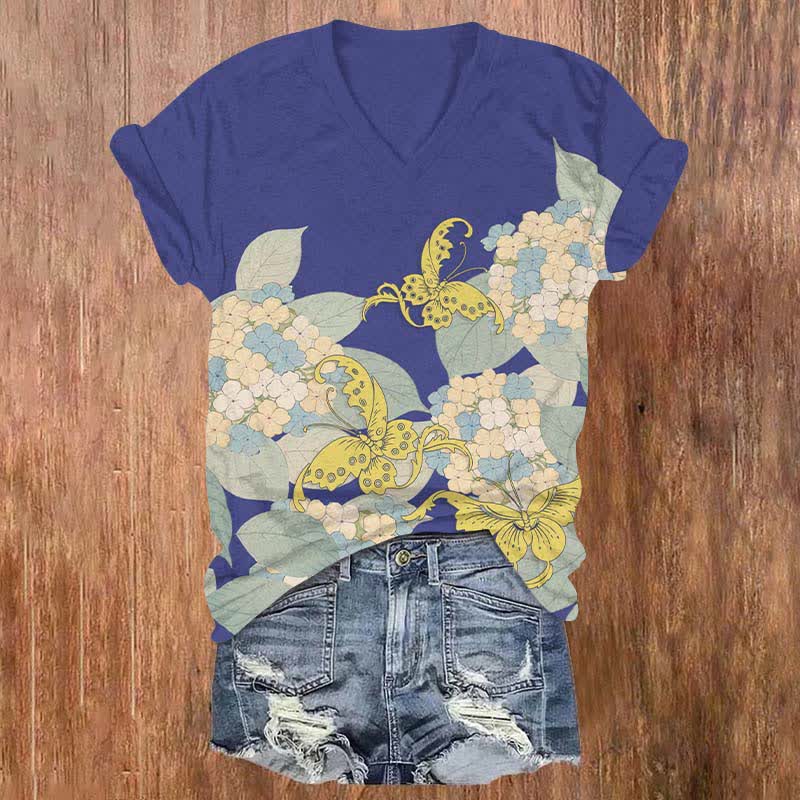Japanese Cartoon Bouquet & Butterfly Art Print V-neck T-shirt - Blue - US32-34(5XL) - image 1