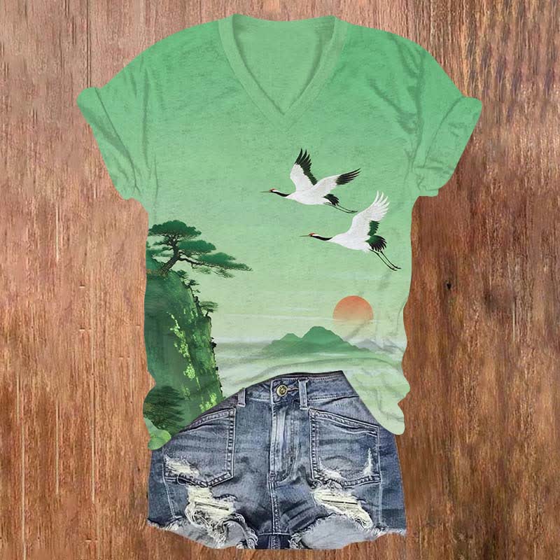 Japanese Watercolor Sunset & Flying Crane Art Print V-neck T-shirt - Green - US32-34(5XL) - image 2