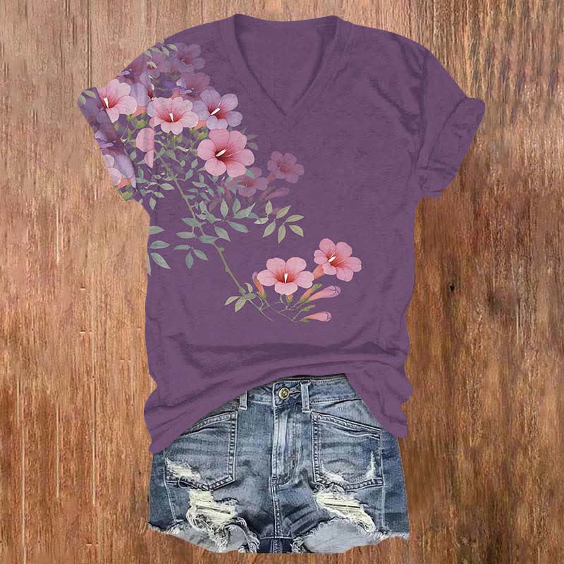 Japanese Watercolor Morning Glory Art Print V-neck T-shirt - Purple - US32-34(5XL) - image 1