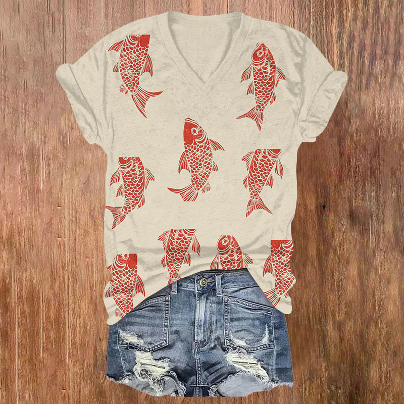 Multi  carp art print v-neck T-Shirt - Apricot - US32-34(5XL) - image 1