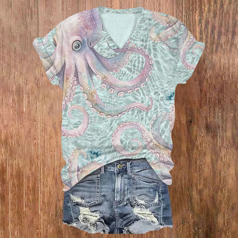 Octopus print v-neck T-Shirt - Light Green - US32-34(5XL) - image 1