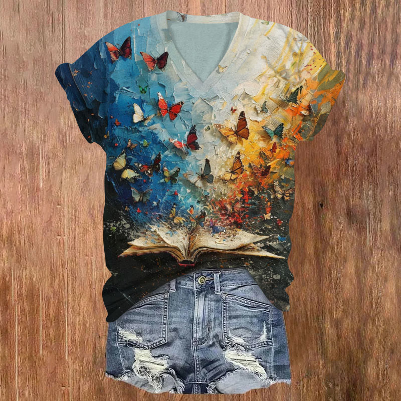 Butterfly & Books Print V-neck T-shirt - Blue - US32-34(5XL) - image 1