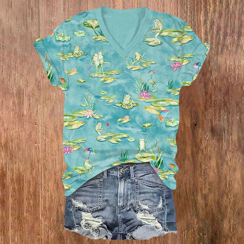 Funny Frogs Print v-neck T-Shirt - Green - US32-34(5XL) - image 1