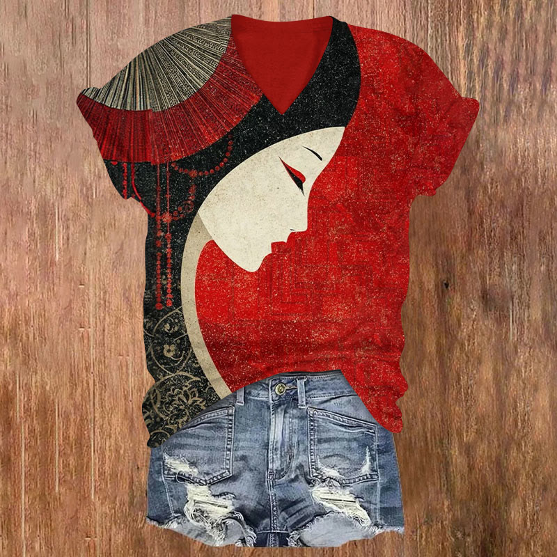 Japanese Figure Graphic Print V-neck T-shirt - Red - US32-34(5XL) - image 1