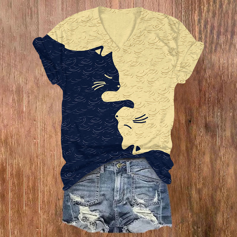 Asymmetrical Cats Graphic Print V-neck T-shirt - Yellow - US32-34(5XL) - image 4
