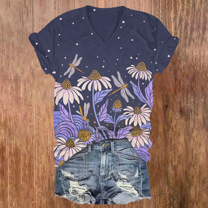 Flowers & Dragonfly Print V-neck T-shirt - Dark Grey - US32-34(5XL) - image 1
