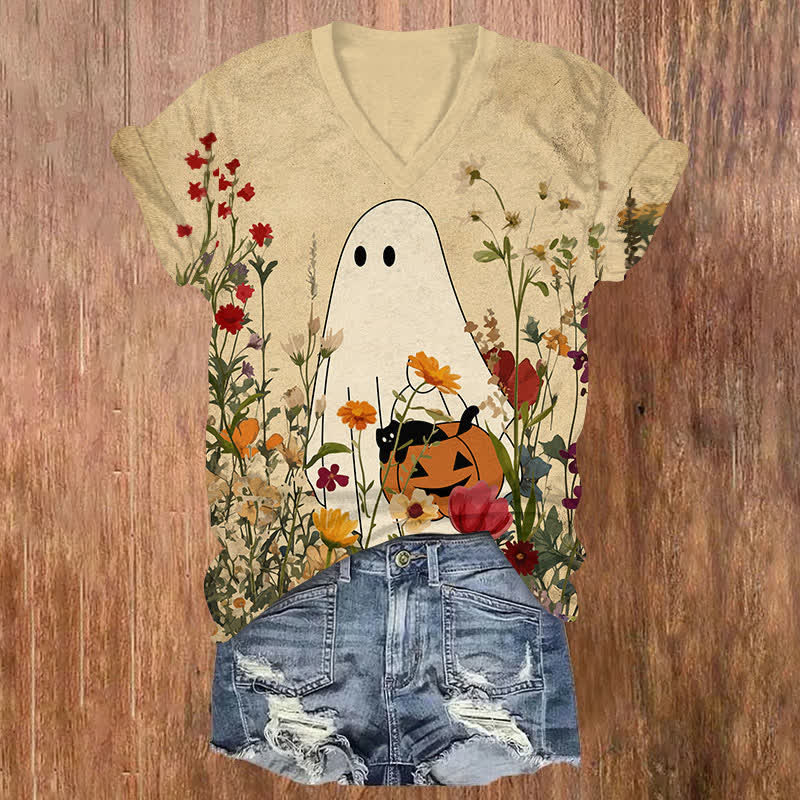  Halloween Ghost & Pumpkin Surrounded By Flowers  Print V-neck T-shirt - Apricot - US32-34(5XL) - image 1