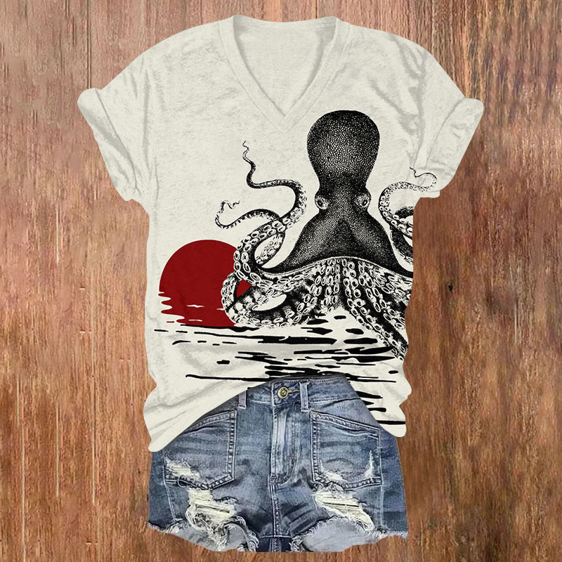 Octopus Art Print V-neck T-shirt - Apricot - US32-34(5XL) - image 3