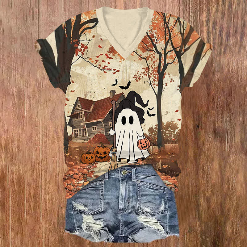 Halloween Ghost Cleaning Fallen Leaves Street With Broom Print V-neck T-shirt - Apricot - US32-34(5XL) - image 1