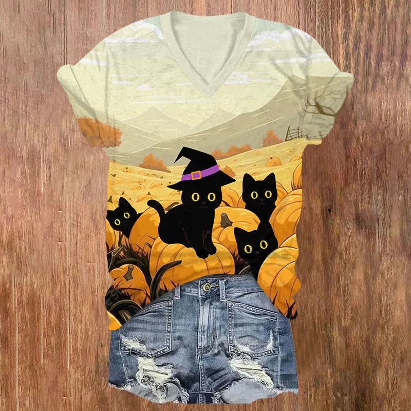 Halloween Wizard Cat In Pumpkin Patch Print V-neck T-shirt - Orange - US32-34(5XL) - image 1