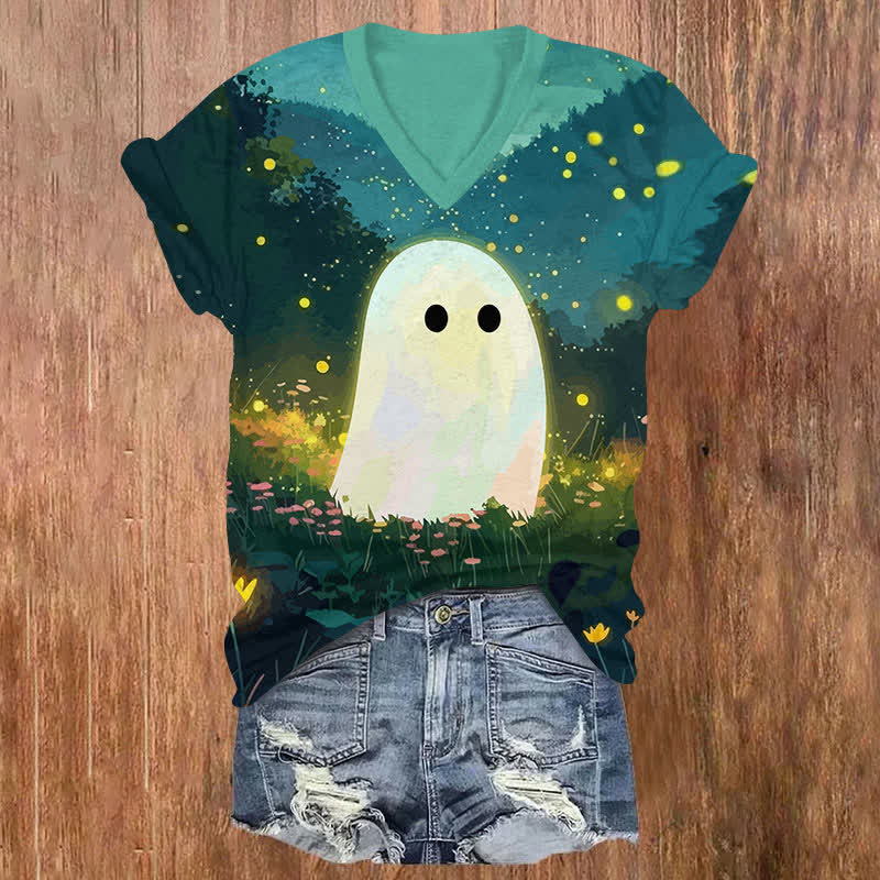 Halloween Forest Fireflies & Glowing Ghost Print V-neck T-shirt - Green - US32-34(5XL) - image 1