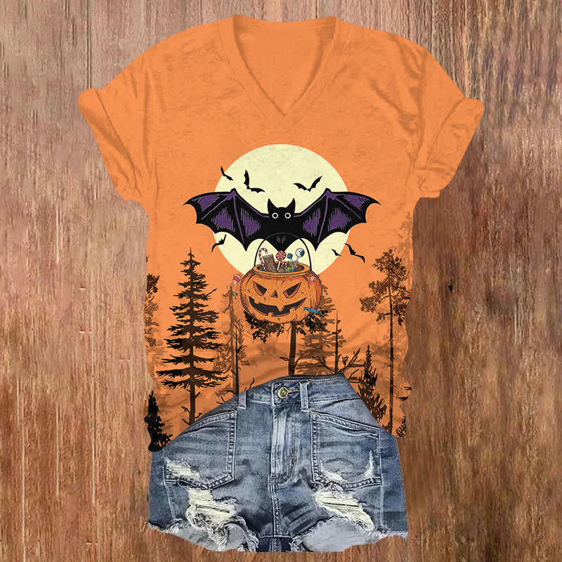  Halloween Bat Holding A Pumpkin Basket In Forest Print V-neck T-shirt - Orange - US32-34(5XL) - image 1