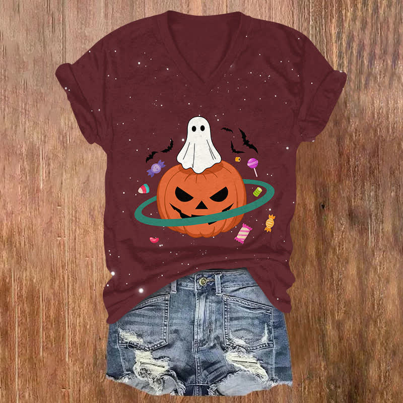 Halloween Space Pumpkin Candy Planet Ghost Print V-neck T-shirt - Wine - US32-34(5XL) - image 1