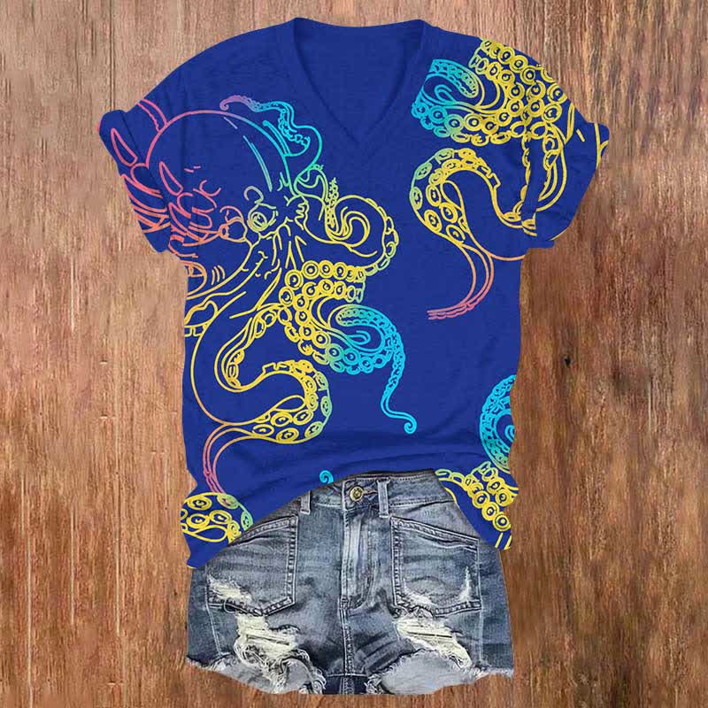 Japanese Abstract Color Painting Octopus Art Print V-neck T-shirt - Blue - US32-34(5XL) - image 1