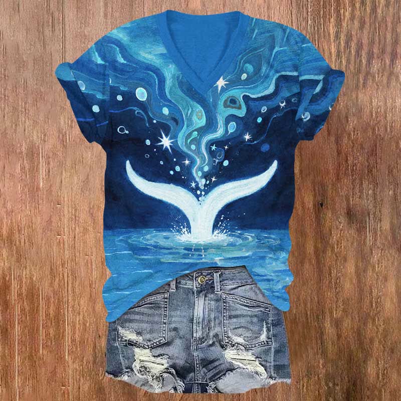Japanese Oil Painting Fantasy Sky & Whale's Tail Print V-neck T-shirt - Blue - US32-34(5XL) - image 1