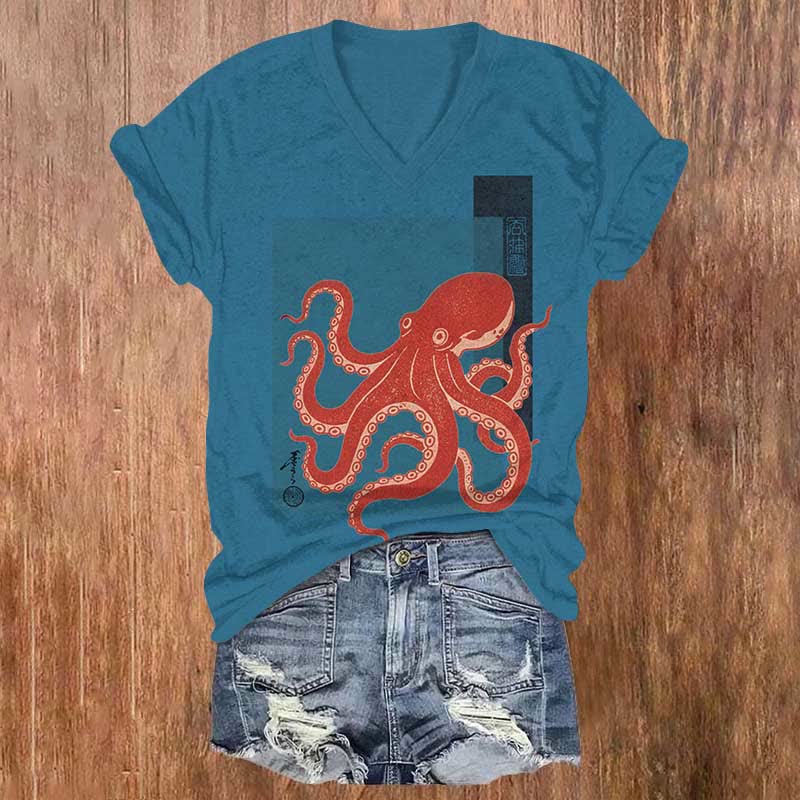 Japanese Cute Red Octopus Art Print V-neck T-shirt - Blue - US32-34(5XL) - image 1