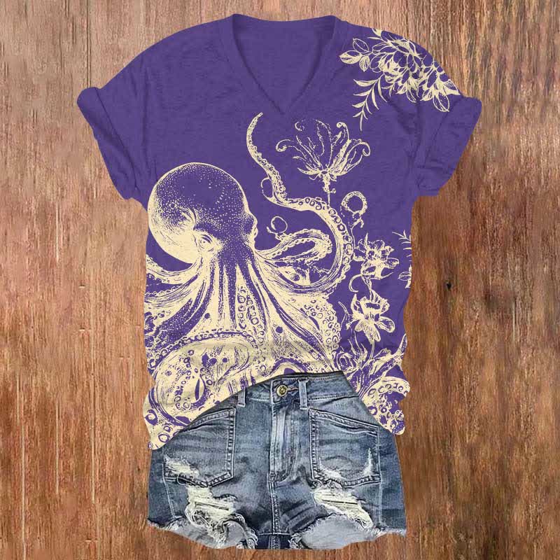 Japanese Watercolor Octopus & Flower Art Print V-neck T-shirt - image 5