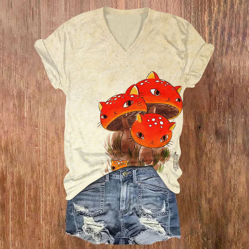 Ukiyoe Cat Mushroom Halloween Print V-neck T-shirt - Apricot - US32-34(5XL) - image 1