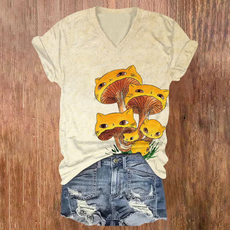 Ukiyoe Cat Mushroom Halloween Print V-neck T-shirt - Apricot - US32-34(5XL) - image 1