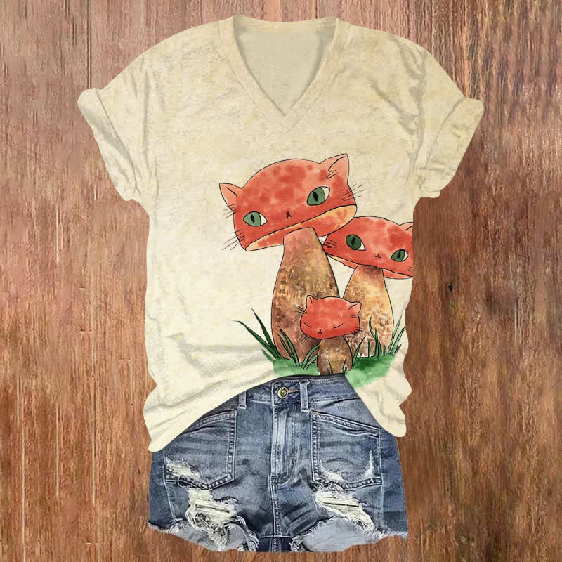 Ukiyoe Cat Mushroom Halloween Print V-neck T-shirt - Apricot - US32-34(5XL) - image 1