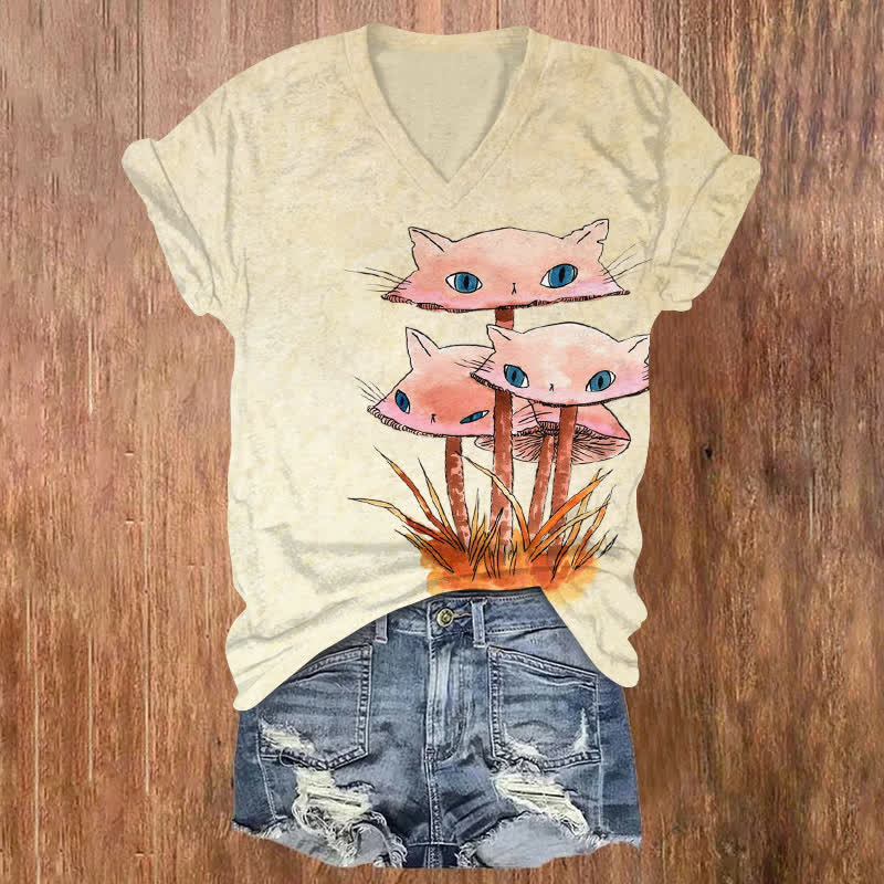 Ukiyoe Cat Mushroom Halloween Print V-neck T-shirt - Apricot - US32-34(5XL) - image 1