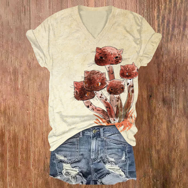 Ukiyoe Cat Mushroom Halloween Print V-neck T-shirt - Apricot - US32-34(5XL) - image 1