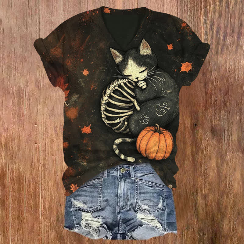 Cat Sleeping With Skeleton Halloween Print V-neck T-shirt - Black - US32-34(5XL) - image 1