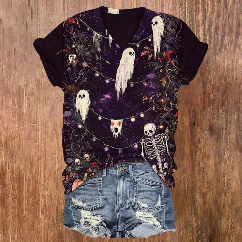Ghost And Skeleton Halloween Print V-neck T-shirt - Black - US32-34(5XL) - image 1