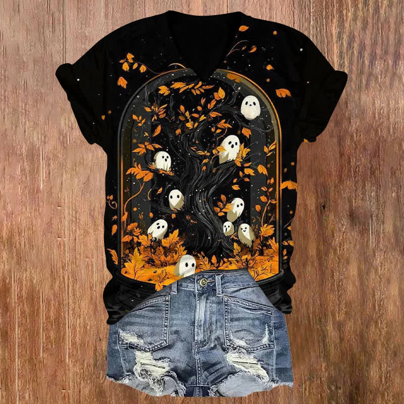 Ghost In The Glass Halloween Print V-neck T-shirt - Black - US32-34(5XL) - image 1