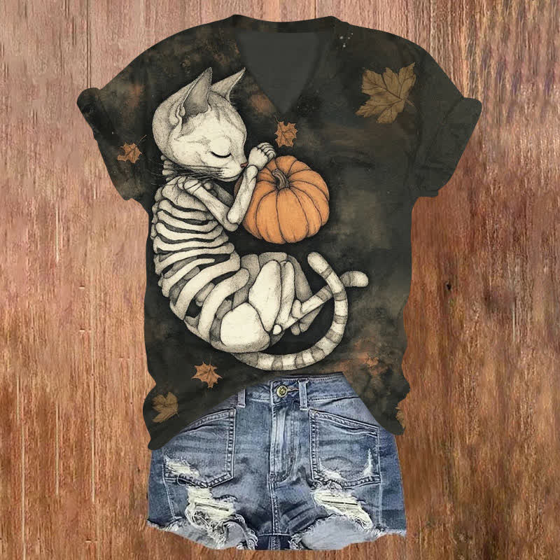 Skeleton Cat Sleeping With Pumpkin Halloween Print V-neck T-shirt - Dark Grey - US32-34(5XL) - image 1