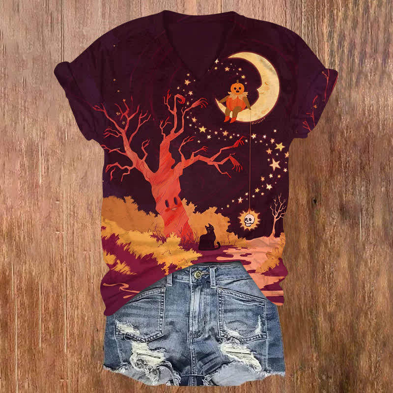 Pumpkin Sitting On The Moon Halloween Print V-neck T-shirt - Wine - US32-34(5XL) - image 1