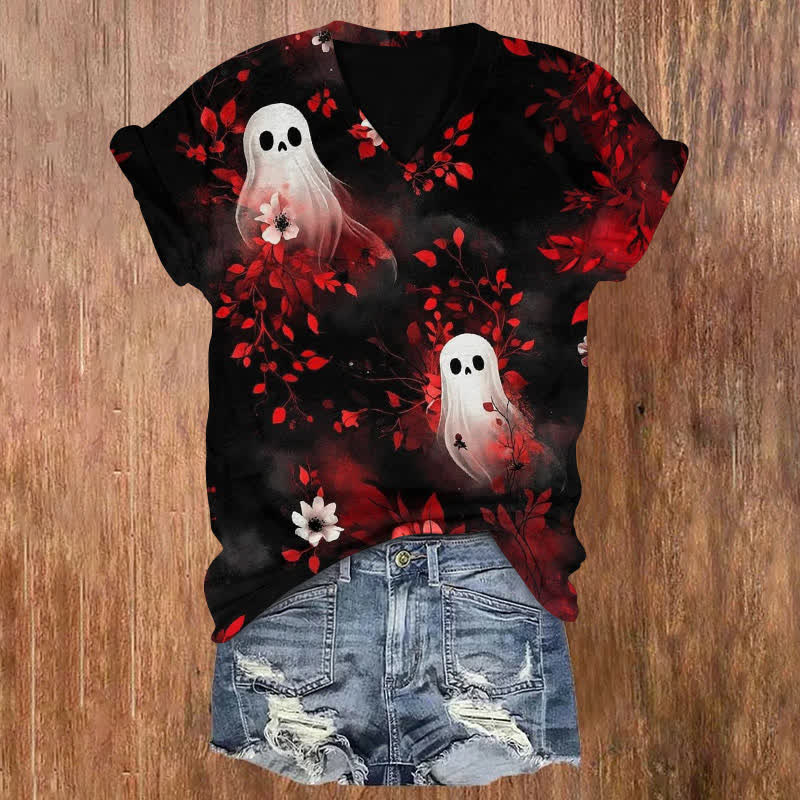 Ghost In The Flowers Halloween Print V-neck T-shirt - Black - US32-34(5XL) - image 1