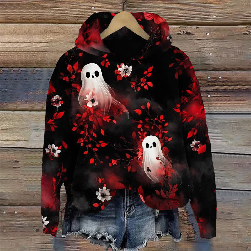Ghost In The Flowers Halloween Print Long Sleeve Hoodie - Black - US44-46(8XL) - image 1
