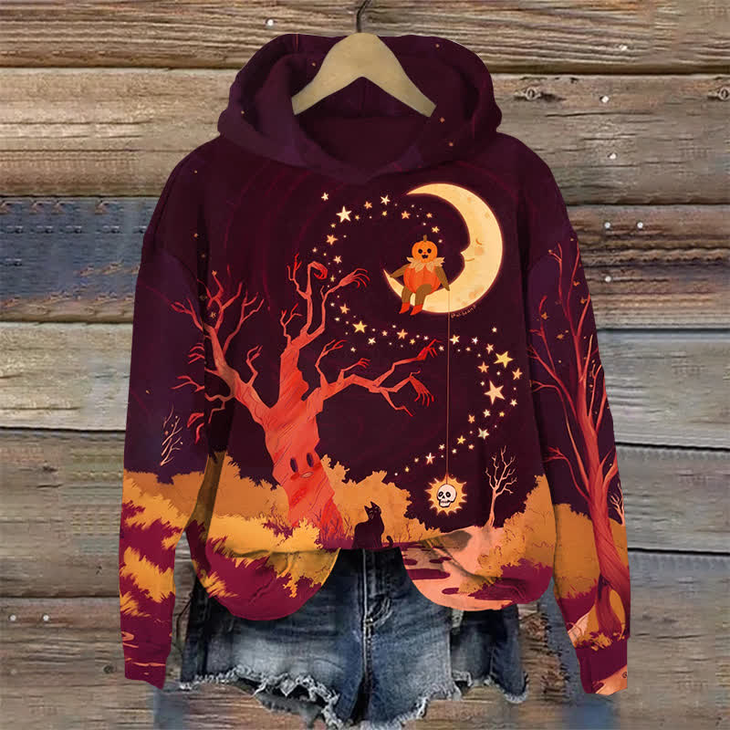 Pumpkin Sitting On The Moon Halloween Print Long Sleeve Hoodie - Wine - US44-46(8XL) - image 1