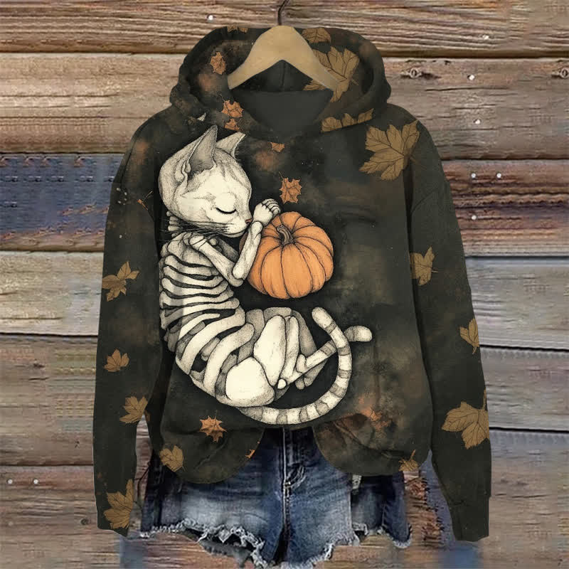 Skeleton Cat Sleeping With Pumpkin Halloween Print Long Sleeve Hoodie - Dark Grey - US44-46(8XL) - image 1