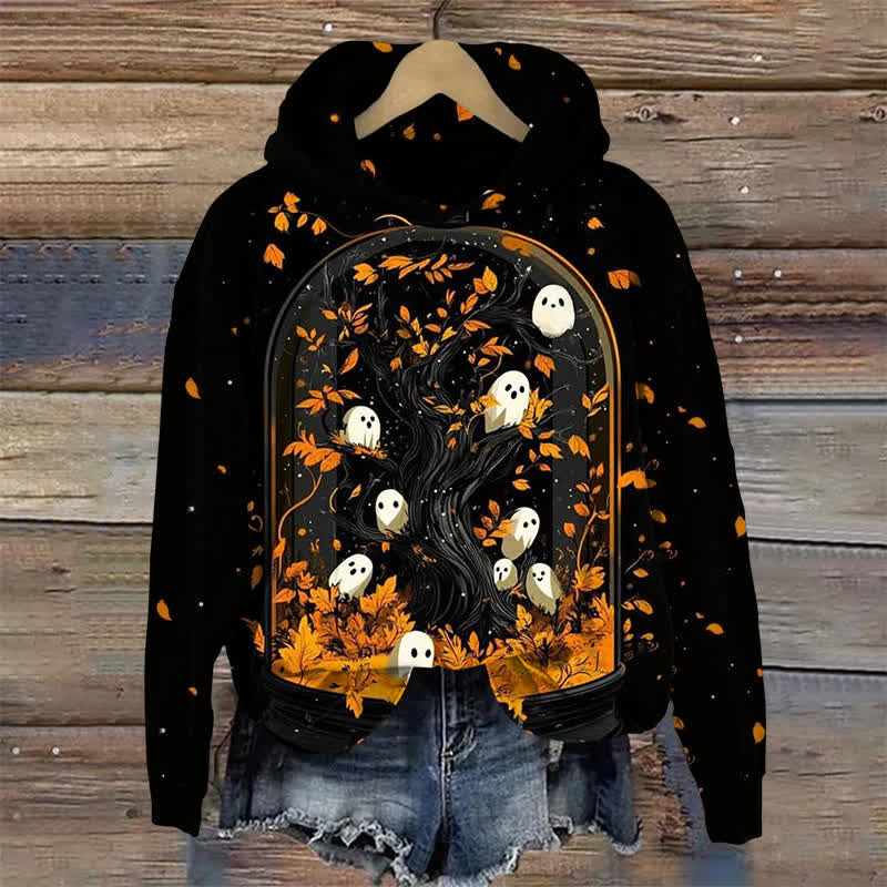 Ghost In The Glass Halloween Print Long Sleeve Hoodie - Black - US44-46(8XL) - image 1