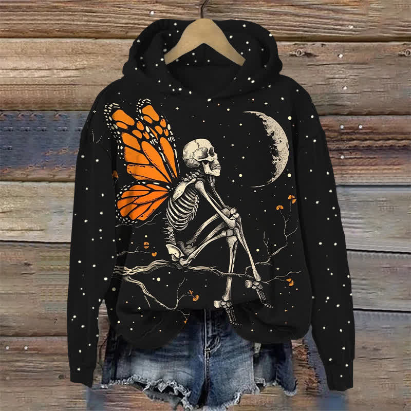 Butterfly Skull Looking At The Moon Halloween Print Long Sleeve Hoodie - Black - US44-46(8XL) - image 1