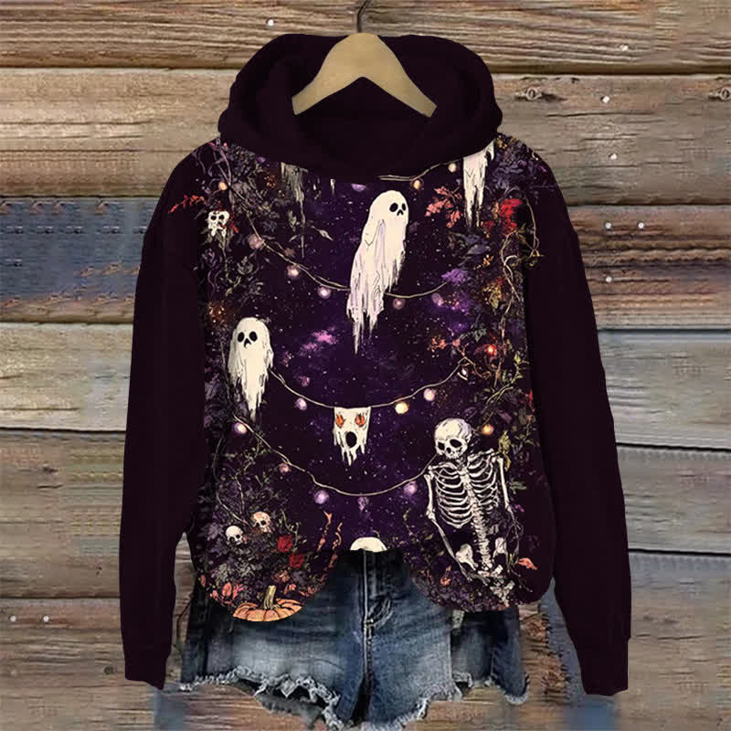Ghost And Skeleton Halloween Print Long Sleeve Hoodie - Black - US44-46(8XL) - image 1