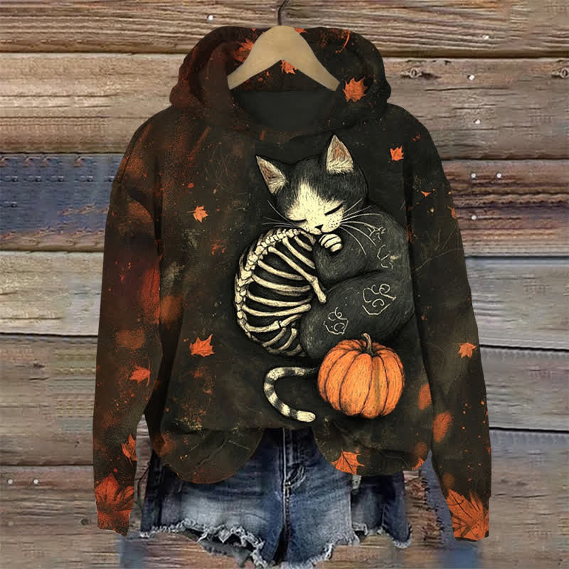 Cat Sleeping With Skeleton Halloween Print Long Sleeve Hoodie - Black - US44-46(8XL) - image 1