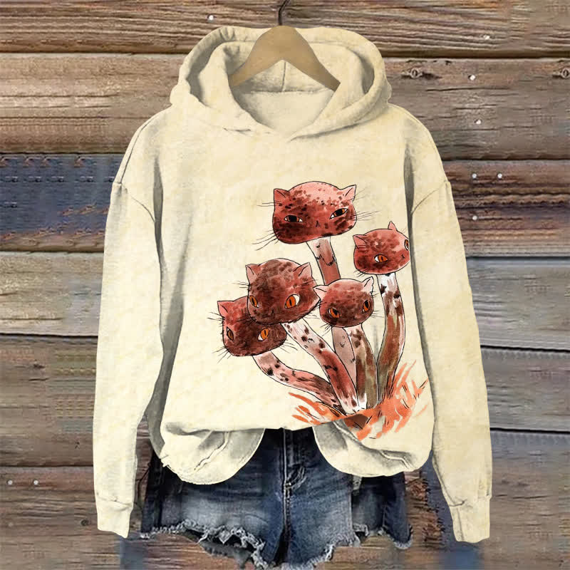 Ukiyoe Cat Mushroom Halloween Print Long Sleeve Hoodie - Apricot - US44-46(8XL) - image 1
