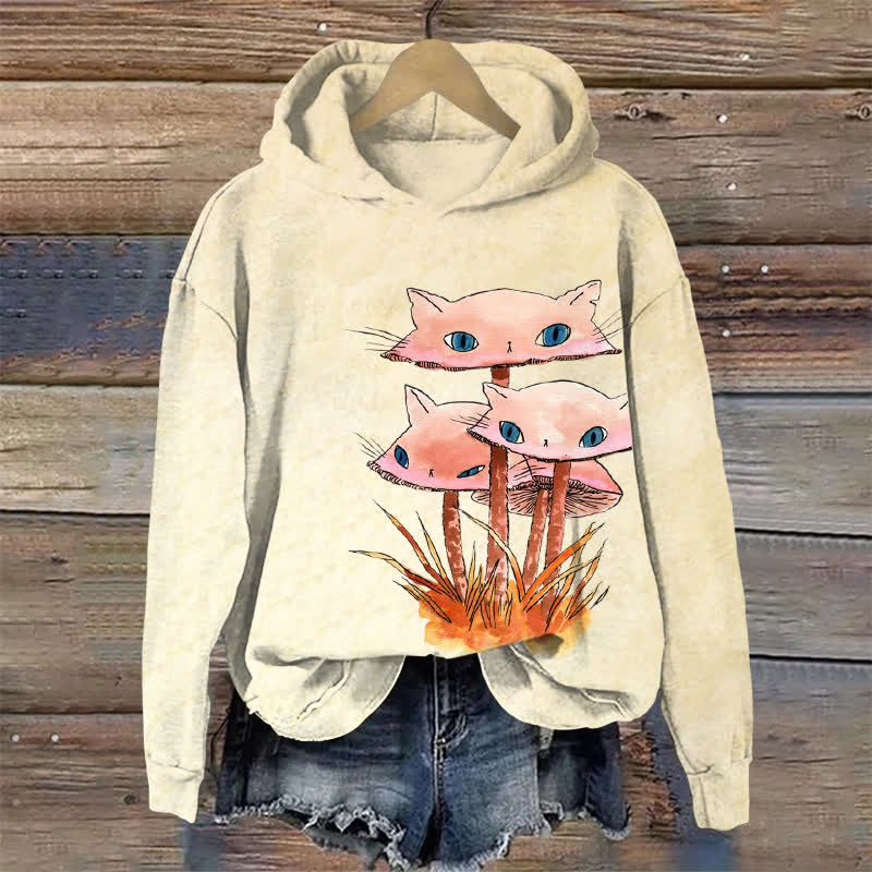 Ukiyoe Cat Mushroom Halloween Print Long Sleeve Hoodie - Apricot - US44-46(8XL) - image 1