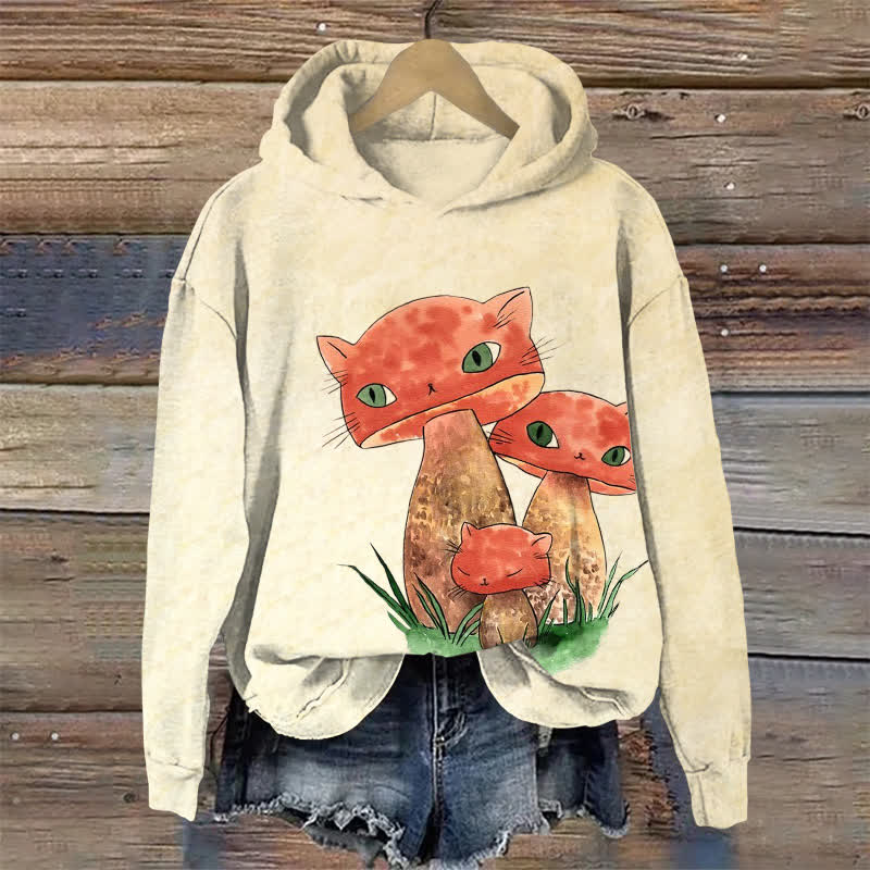 Ukiyoe Cat Mushroom Halloween Print Long Sleeve Hoodie - Apricot - US44-46(8XL) - image 1