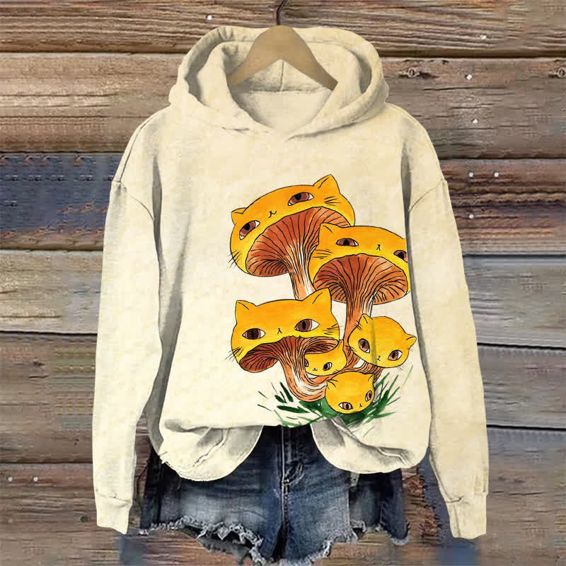 Ukiyoe Cat Mushroom Halloween Print Long Sleeve Hoodie - Apricot - US44-46(8XL) - image 1